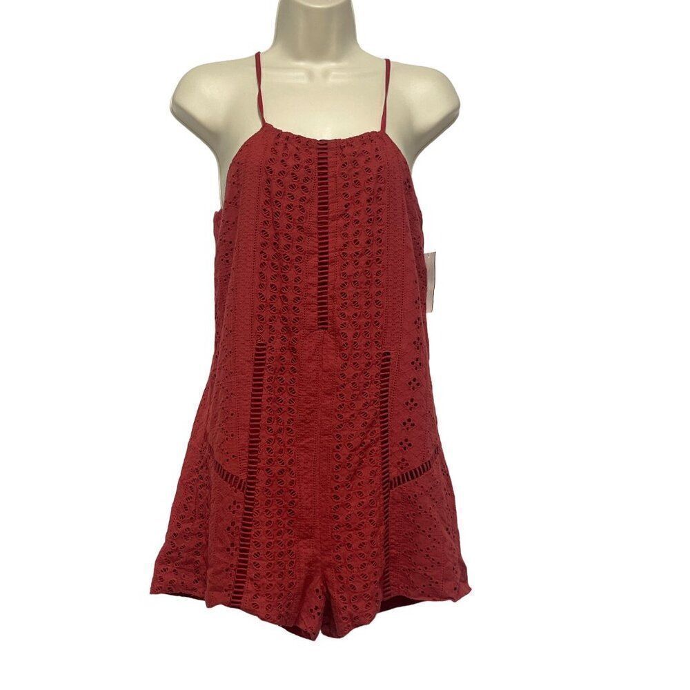 Lush Women’s Eyelet Trim Romper, Brick Red, Sz. S- no tie belt